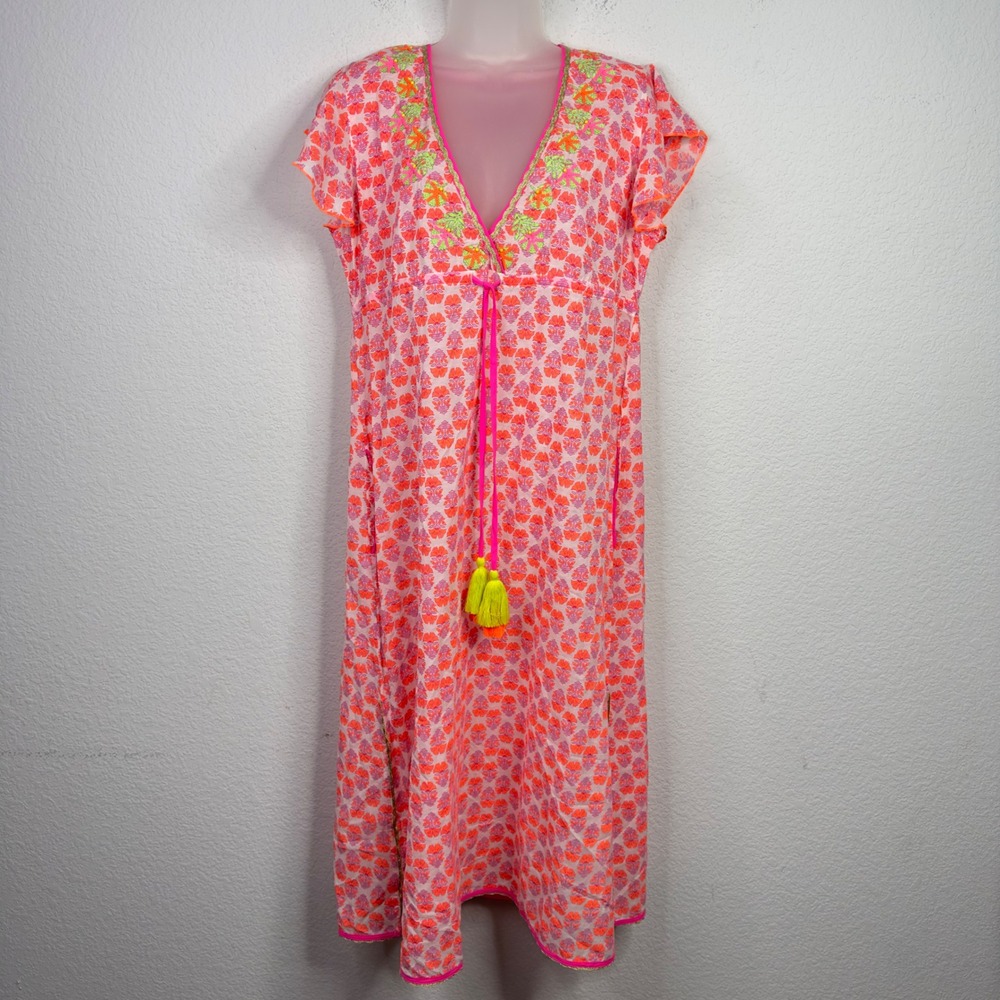 Place du Soleil Embroidered Maxi Dress Women M Pink Orange Boho Resort Vacation